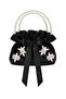 Black Cotton Satin Bag, with Crystal Glass Stone Decorations, Double Row Pearl Handle, Black Satin, Foldable, for Daily Use / Evening Wear