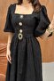 Women's Black Midi Dress Square Collar Balloon Sleeves Belted Three Buttons Textured - 5