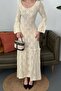 Women's Beige Maxi Knitwear Dress Openwork Knitted Patterned U-Neck Spanish Sleeve - 4