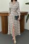 Women's Blue Plaid Pattern Shirt Collar Buttoned Long Sleeve Pleated Maxi Dress - 4