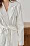 Women's Ecru Top and Bottom Set Belted Jacket Trousers Set Shiny Textured Jacket with Collar Wide Leg Pants - 4