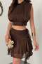 Women's Brown Top and Bottom Set Shiny Sleeveless Crop Blouse Layered Flounce Mini Skirt Two-Piece Set - 4