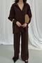 Women's Brown Bottom - Top Set Shirt Pants Two Piece Set Buttoned Wide Leg Long Sleeve - 4