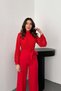 Women's Red Lace Top High Neck Belted Long Sleeve Wide Leg Jumpsuit - 3