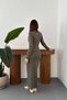 Women's Khaki Dress with Buckle and Drawstring Detail, Half Turtleneck, Long Sleeve, Tight Maxi - 4