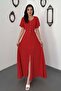 Women's Red Polka Dot V-Neck Buttoned Short Sleeve Slit Flared Maxi Dress