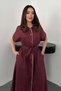 Women's Burgundy Linen Belted Buttoned Pocket Detailed Midi Shirt Dress - 3