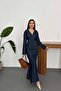 Women's Blue Top and Bottom Set Denim Look V-Neck Buttoned Peplum Blouse Long Skirt Set - 2