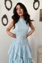 Women's Blue Halter Neck Floral Embroidered Belted Layered Flounce Midi Dress - 2