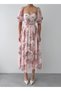 Women's Floral Pattern Pink Floral Print Chiffon Midi Dress Heart Neckline Balloon Sleeves - 2