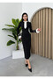Women's Black Long Sleeve Midi Dress with Ruffle Detail and Contrast Cuffs, Pencil Cut - 3
