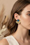 Yellow Tone Fan Design Blue Enamel Detailed Bijouterie Earrings - 5