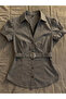 Gray Striped Belted Shirt Blouse