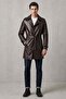 Brown Alen Buttoned Lined Slit Genuine Leather Coat - 2