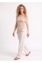 Women's Beige Modal Ribbed Fabric Boat Neck Shoulder Detail Long Sleeve Blouse - 6