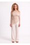 Women's Beige Color Boat Neck Off-Shoulder Gathered Detailed Asymmetrical Cut Lycra Stretchy Ribbed Fabric Blouse - 6