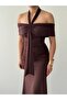 Women's Coffee Color Midi Dress Strapless Collar Draped Halter Lace-Up Diver Fabric - 8