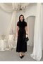 Women's Black Midi Dress with Draped Gathered Tulle Detail and Short Sleeves for Special Occasions - 8