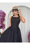 Women's Black Midi Dress Lace-Up Gathered Buttoned Sleeveless Poplin - 3
