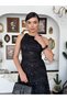 Women's Black Midi Dress Sleeveless Round Neck Floral Pattern Lace Evening Dress - 2