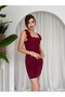 Women's Burgundy Mini Dress Square Neck Floral Appliqué Strap Atlas Cocktail Dress - 7