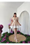 Women's Beige Mini Dress Floral Patterned V-Neck Balloon Sleeves Shirred Poplin - 3