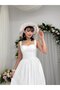 Women's White Dress with Scallop Texture, Straps, Heart Collar, Gathered Long Dress