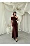 Women's Coffee Color Midi Dress Strapless Collar Draped Halter Lace-Up Diver Fabric - 6