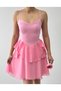 Women's Pink Strappy Mini Dress with Heart Collar and Layered Chiffon Skirt - 3