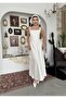 Women's Ecru Midi Dress Square Neck Strappy Patterned A-Line Midi Evening Dress - 4