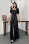 Women's Black Satin Square Neck Balloon Sleeve Waist Detailed Slit Maxi Dress - 2