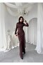 Women's Coffee Color Long Sleeve Draped High Collar Slit Detailed Long Dress - 4