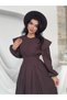 Women's Coffee Color Midi Dress Balloon Sleeve Shoulder Flounce Button Detail Poplin A-Line - 7