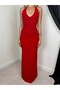 Women's Red Halter Neck Lace Detailed Backless Maxi Evening Dress - 3