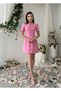 Women's Pink Mini Dress with Bow Detail, Short Sleeves, Crew Neck, Atlas Texture - 4