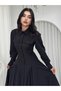 Women's Black Poplin Shirt Collar Long Sleeve Buttoned Cover Detailed Midi Dress - 3