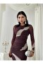 Women's Coffee Patterned Tulle Detailed Gathered Long Sleeve Midi Pencil Dress - 6