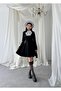 Women's Black Mini Dress Lace Collar Pearl Buttoned Long Sleeve Flared Atlas - 4