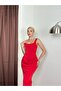 Women's Red Maxi Fish Cut Square Neck Strap Draped Evening Dress - 3