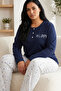 Navy Blue Patterned Buttoned Cotton Lycra Large Size Oversized Knitted Pajama Set26240942