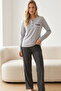 Gray Melange Embroidered Buttoned Lycra Knitted Pajama Set26240356 - 2