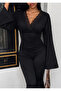 Black Lace Detailed Double Breasted Collar Gathered Spanish Sleeve Women's Blouse 00233 - 4