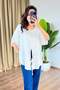 Women's White Draped Blouse with Tie Detail, Short Sleeves, Round Neck - 3