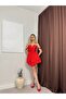 Women's Red Heart Collar Strap Gathered Corset Look Layered Flounce Mini Dress
