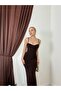 Women's Coffee Color Slim Strap Heart Neckline Drawstring Detailed Bodycon Maxi Dress - 3