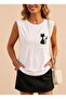 Hearted Cat Printed Women's Regular Fit Crew Neck Sports Sleeveless T-Shirt