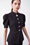 Women's Black Balloon Sleeve Buttoned Pants Jacket Suit - 3