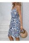 Women's Rope Strap V-Neck Buttoned Patterned Short Single Jersey Dress - 2