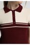Slim Fit Polo Collar Striped Women's Burgundy Short Sleeve Sweater - 4