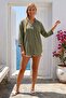 Khaki Hakim Collar 3/4 Sleeve Embroidered Hem Oval Casual Cotton Woven Blouse 72 62 - 6